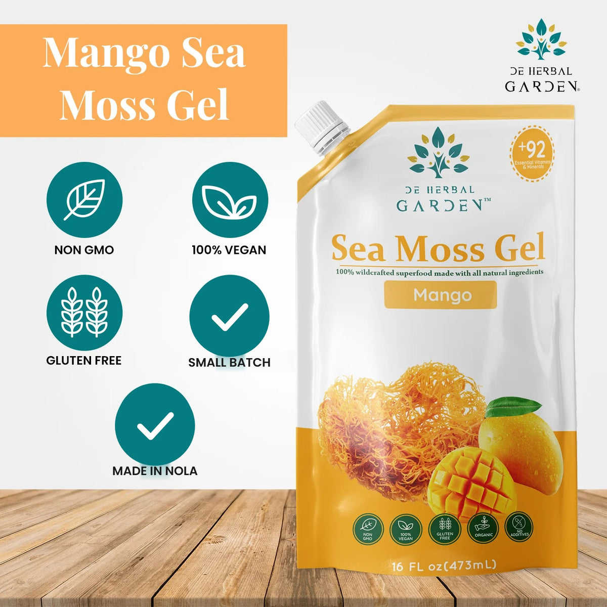 Mango Sea Moss Gel pouch with product feature icons
