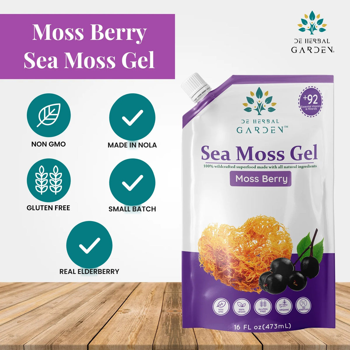 Moss Berry Sea Moss Gel pouch with product feature icons