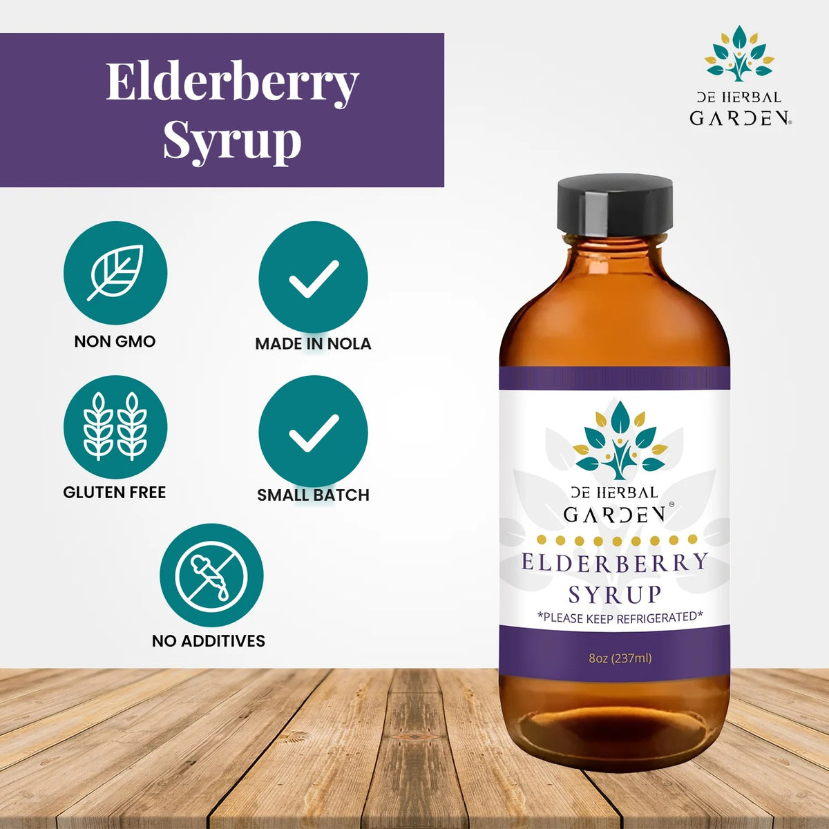 Elderberry Syrup bottle with product feature icons