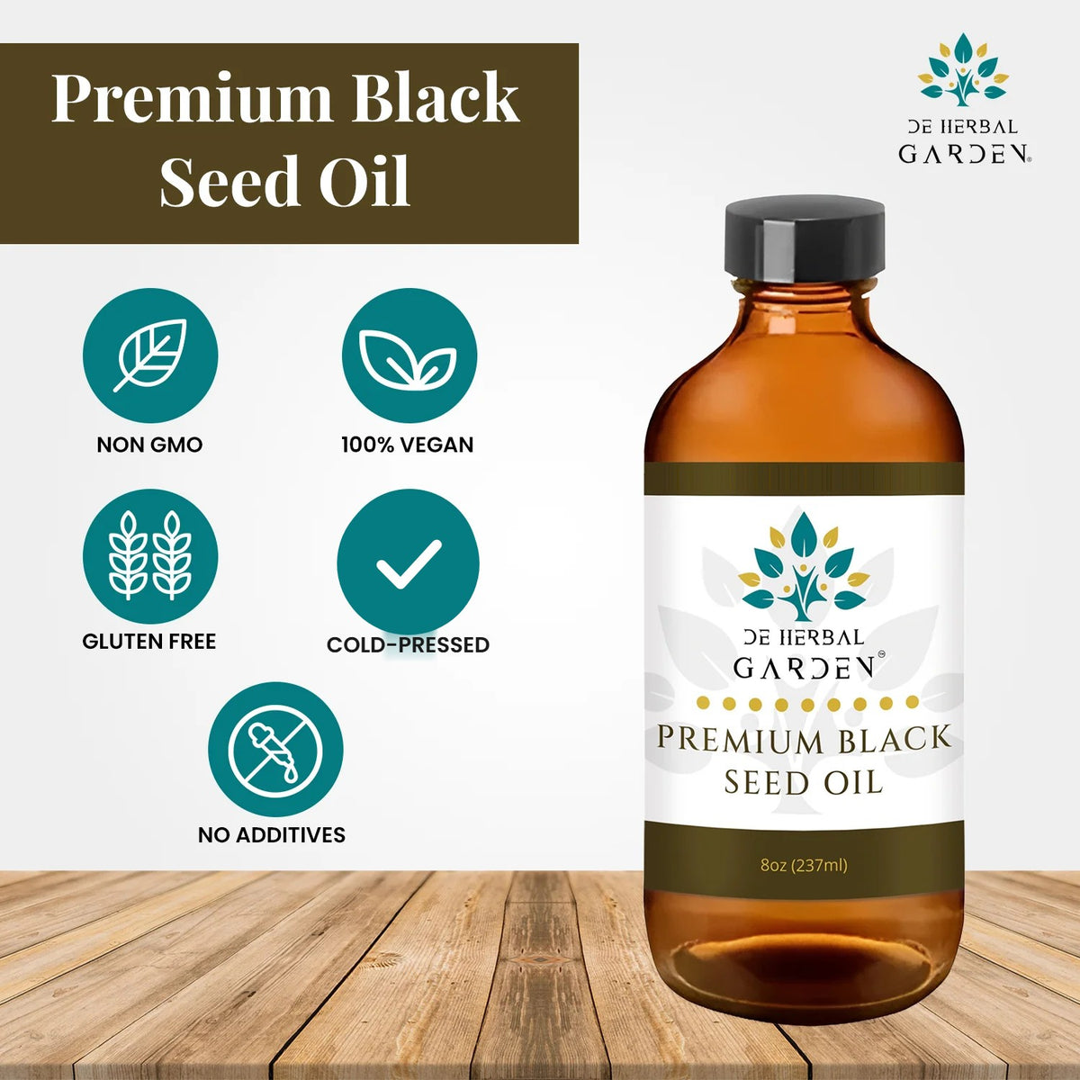 Black Seed Oil bottle with product feature icons