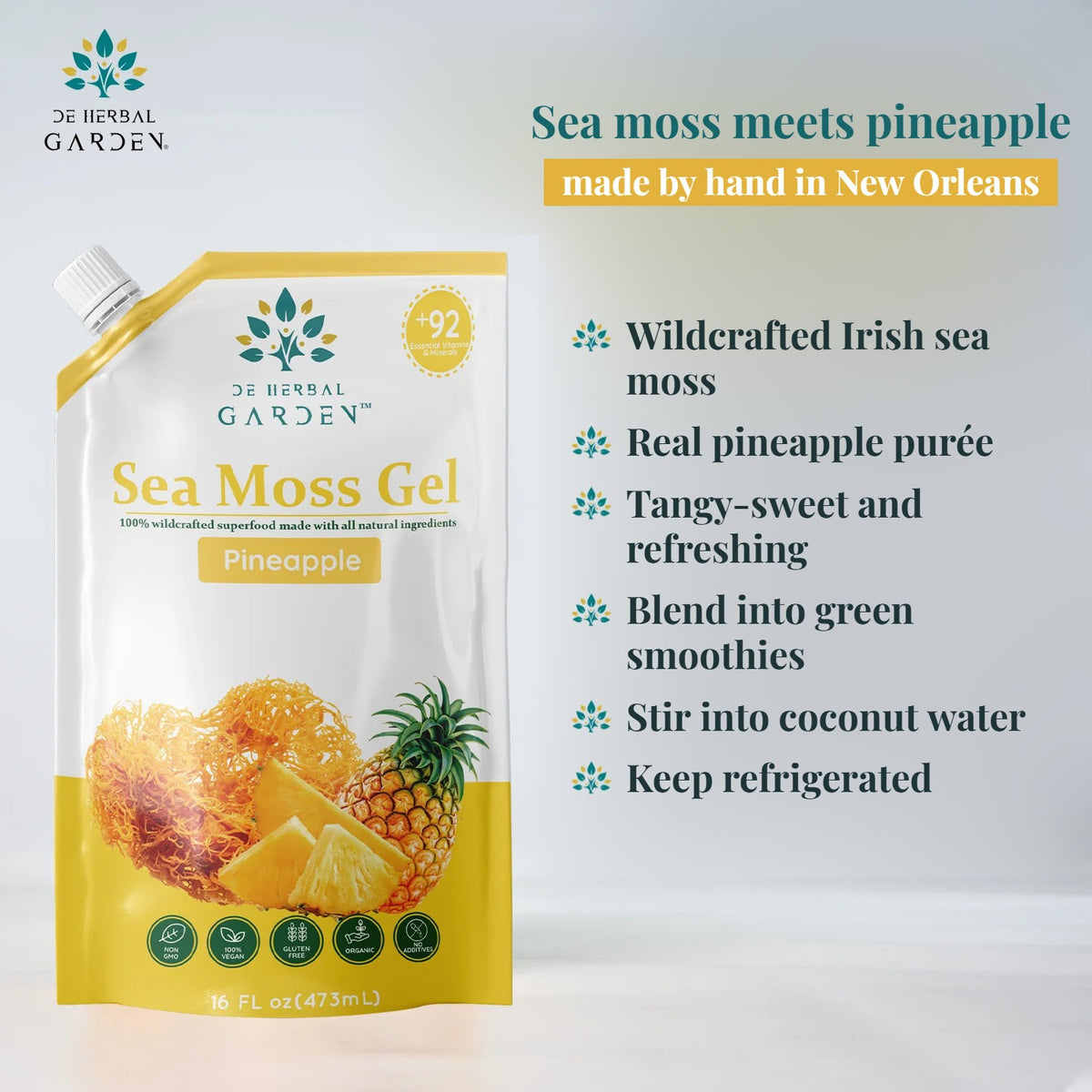 Pineapple Sea Moss Gel pouch beside a list of product highlights