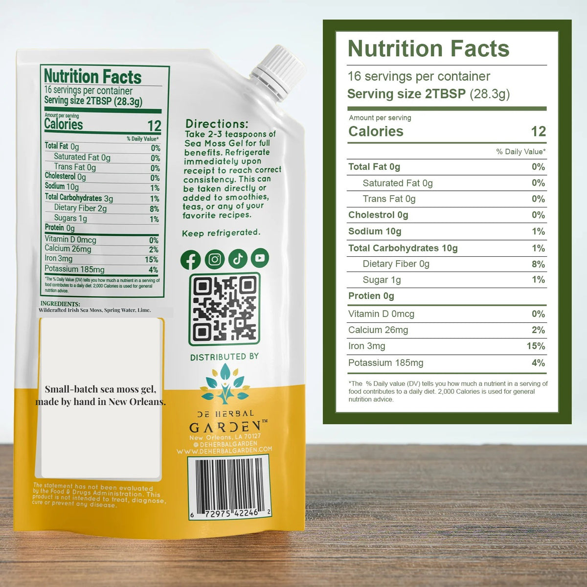 Back of the Original Sea Moss Gel pouch and Nutrition Facts panel