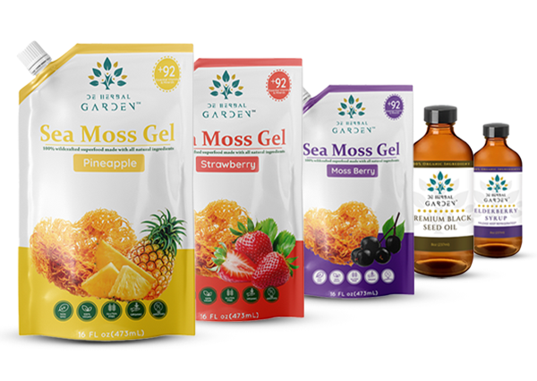 De Herbal Garden sea moss gel pouches, Black Seed Oil and Elderberry Syrup bottles